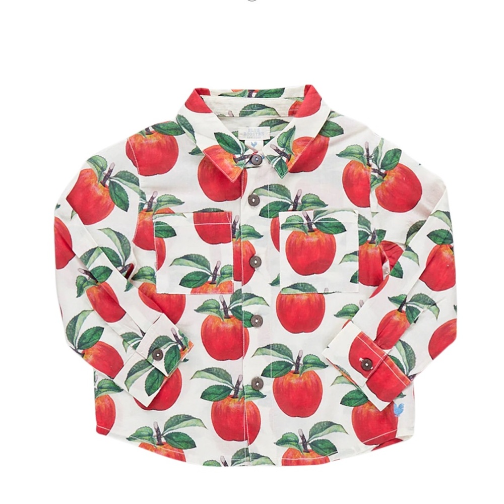 Pink Chicken Boys Blue Rooster Painted Apple Print Jack Shirt size 8